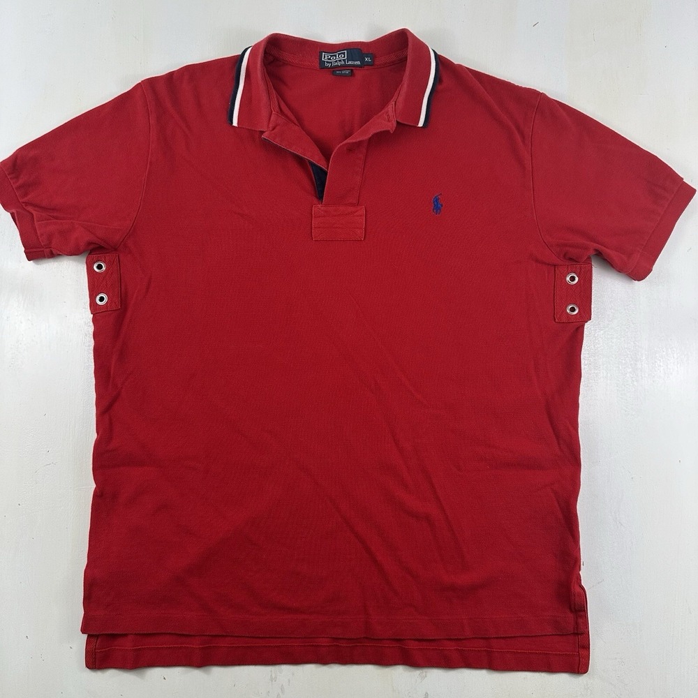 Vtg Ralph Lauren Mens XL Polo Shirt Red Navy Blue Pony Rugby Golf Short Sleeve - Picture 2 of 13